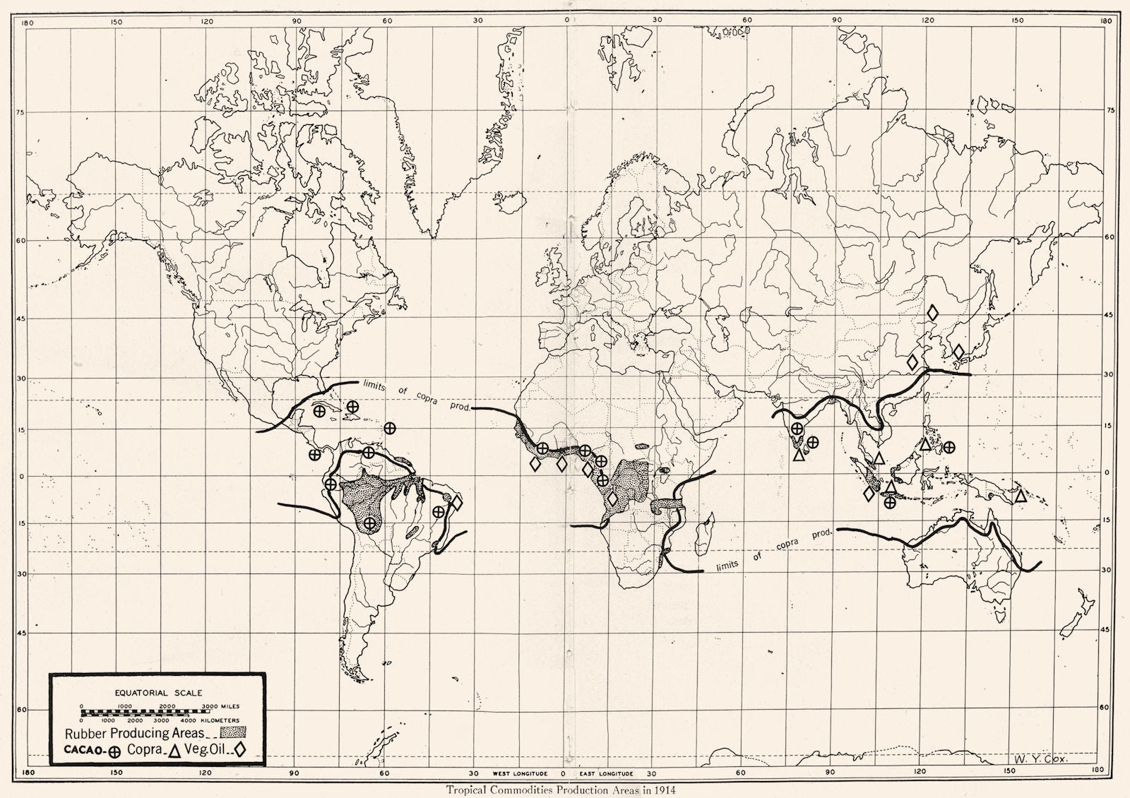 WORLD. Tropical Commodities Production areas in 1914 1948 old vintage map